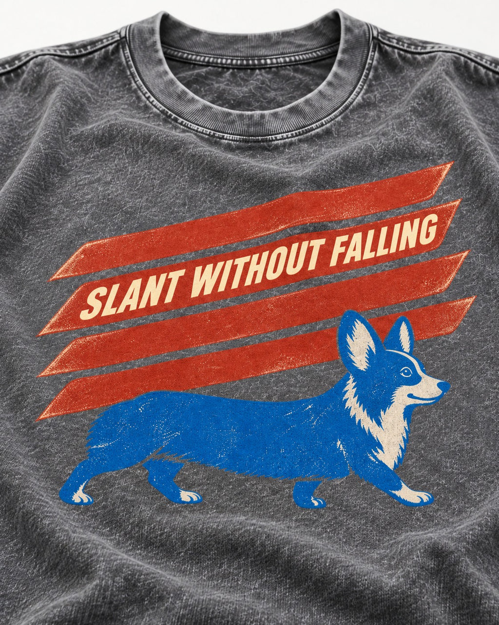 Corgi Slant Without Falling Speed Graphic Washed Tee in Gray, close-up of the graphic