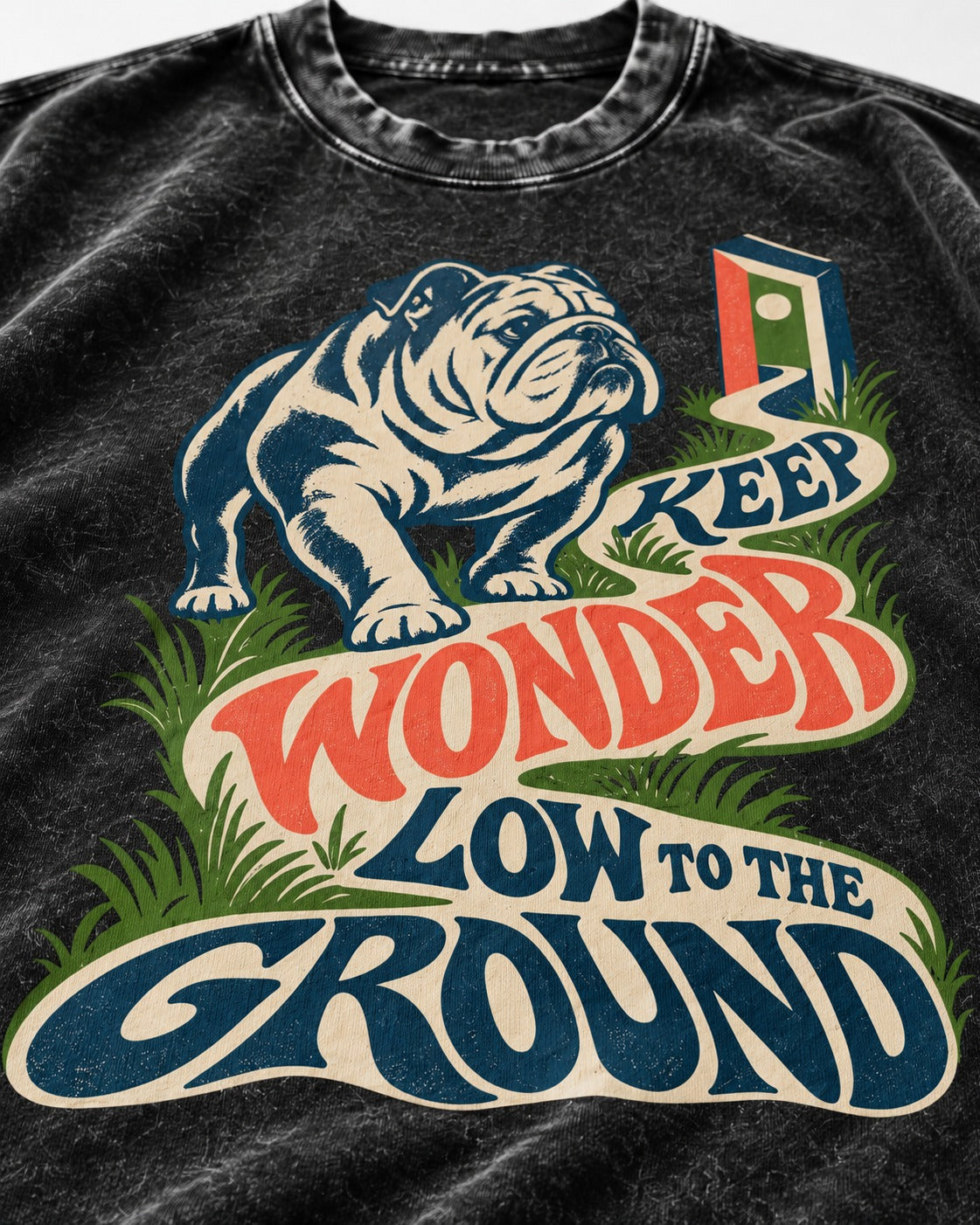 Keep Wonder Low to the Ground English Bulldog Graphic Washed Tee in Black, close-up of the graphic