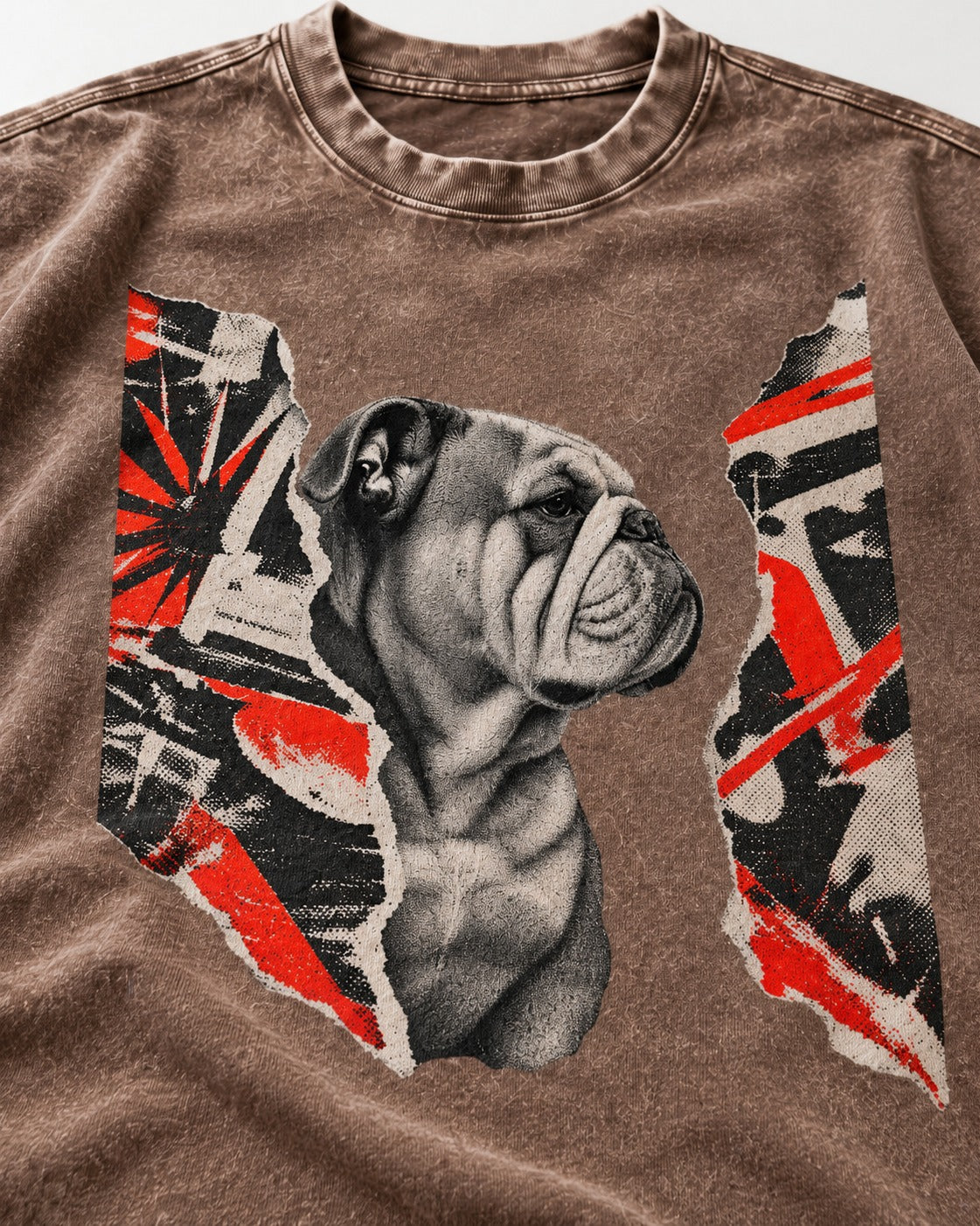 English Bulldog Unbowed Washed Tee in Coffee, close-up of the graphic