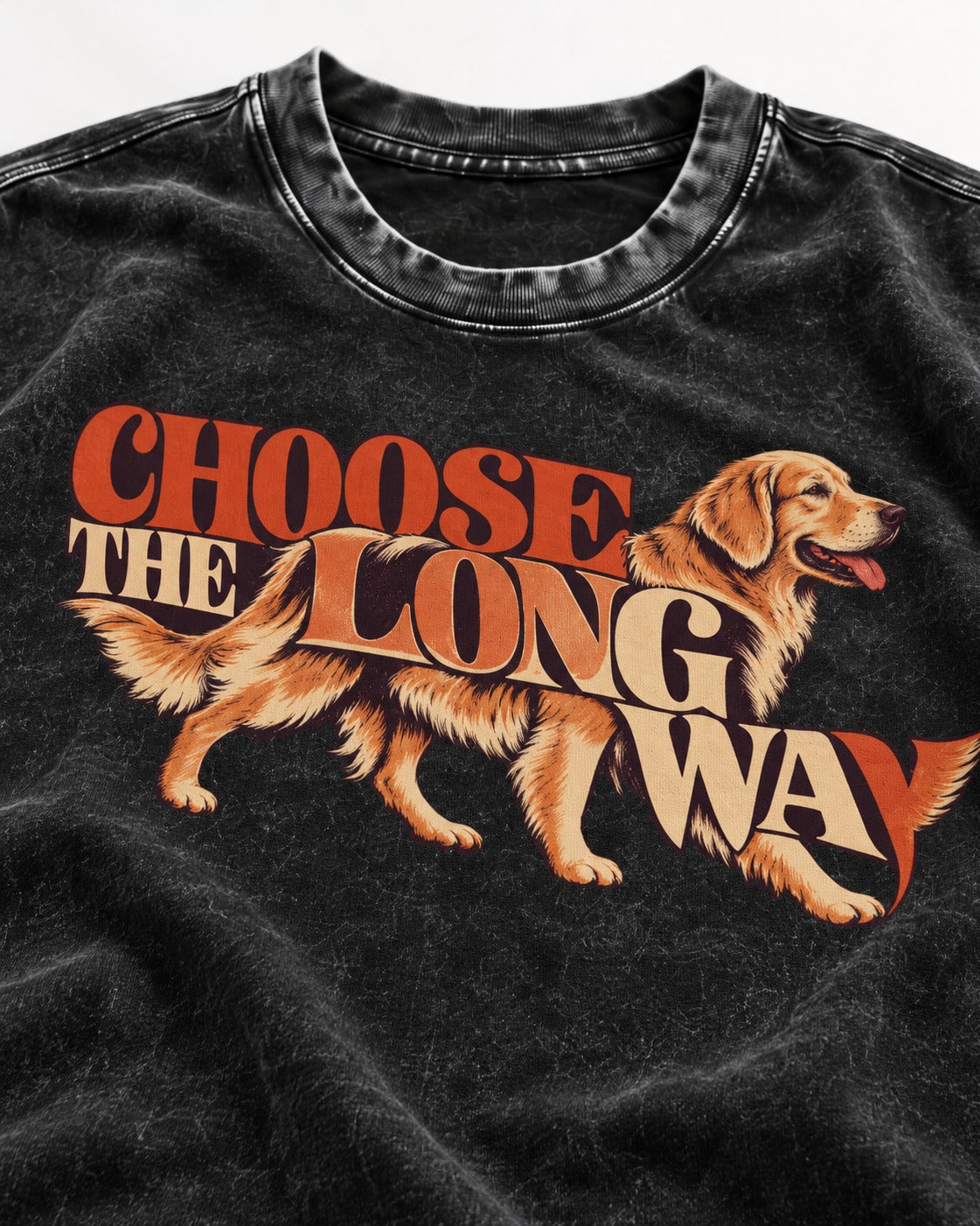 Golden Retriever Choose The Long Way Retro Graphic Washed Tee in Black, close-up of the graphic