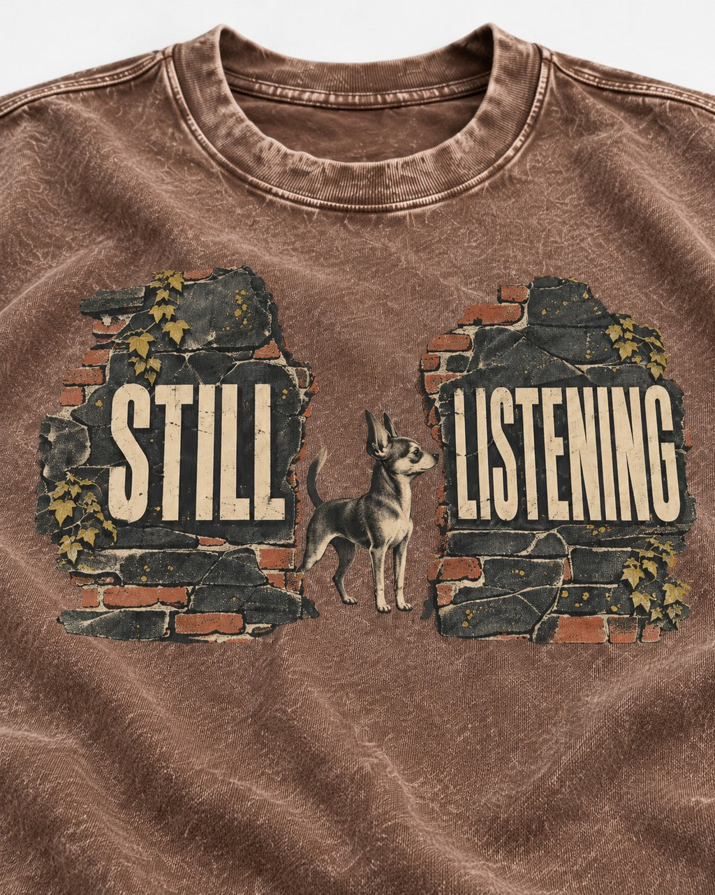 Chihuahua Still Listening Washed Tee in Coffee, close-up of the graphic