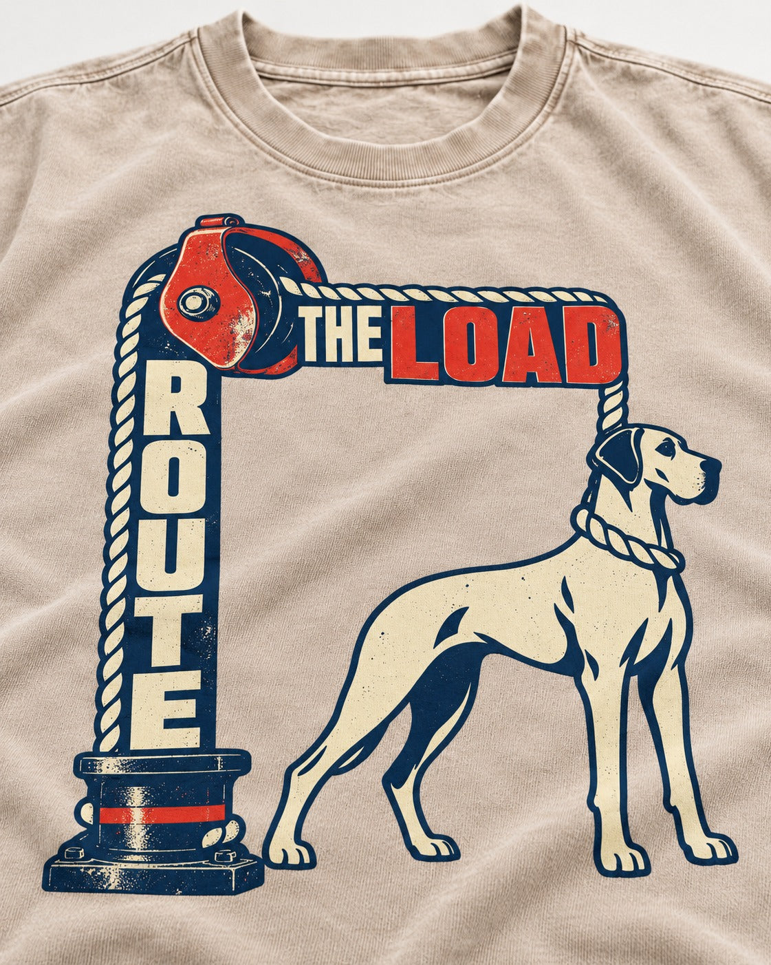 Great Dane Route the Load Washed Tee in Apricot, close-up of the graphic