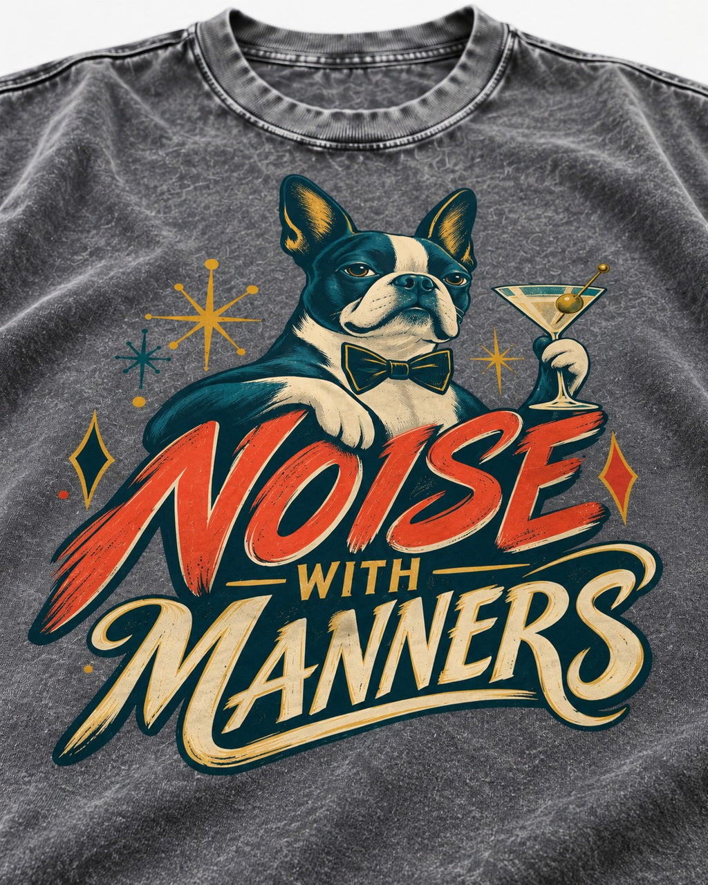 Boston Terrier Noise With Manners Cocktail Graphic Washed Tee in Gray, close-up of the graphic