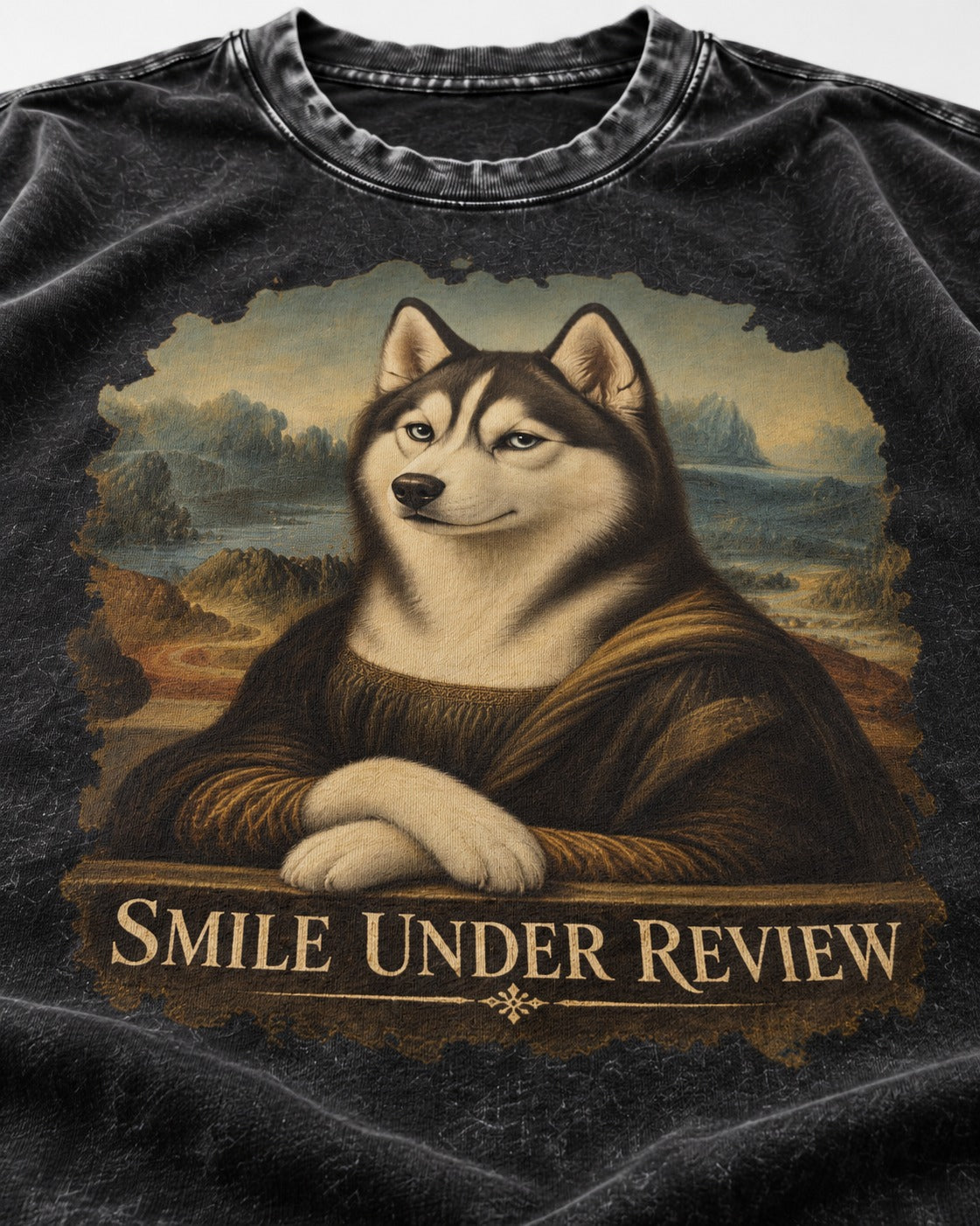 Husky Smile Under Review Renaissance Portrait Graphic Washed Tee in Black, close-up of the graphic