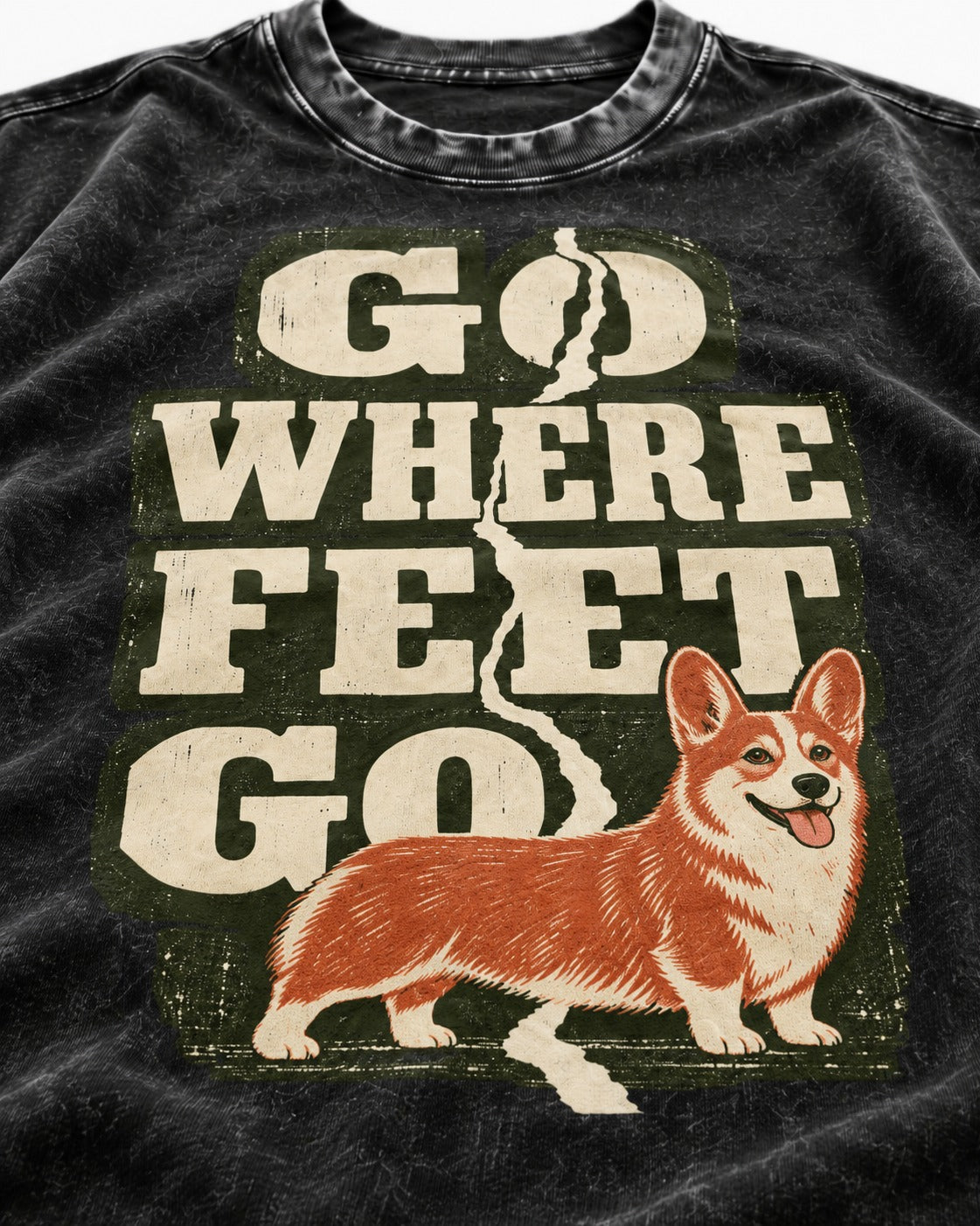 Corgi Go Where Feet Go Path Washed Tee in Black, close-up of the graphic