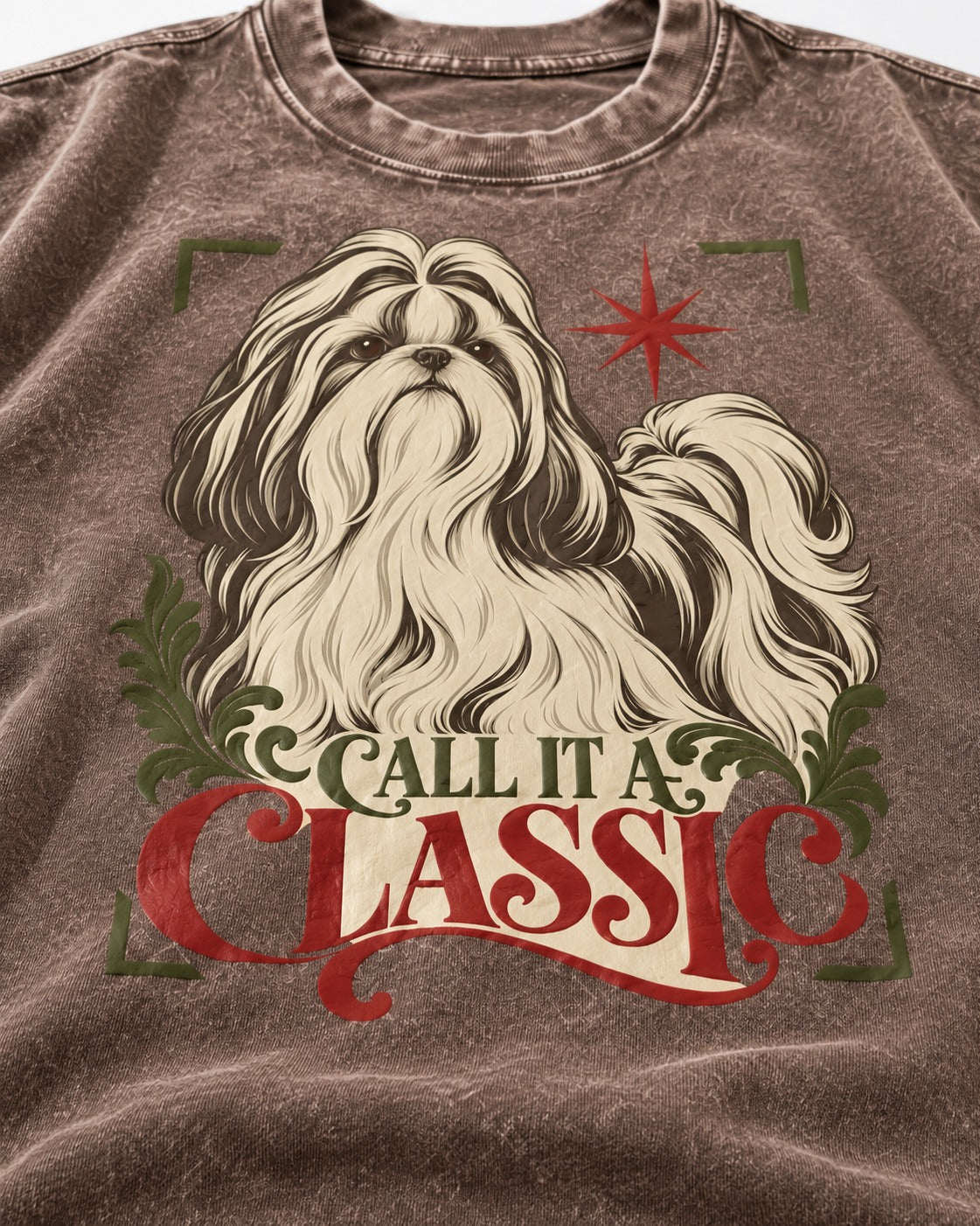 Call It a Shih Tzu Classic Washed Tee in Coffee, close-up of the graphic