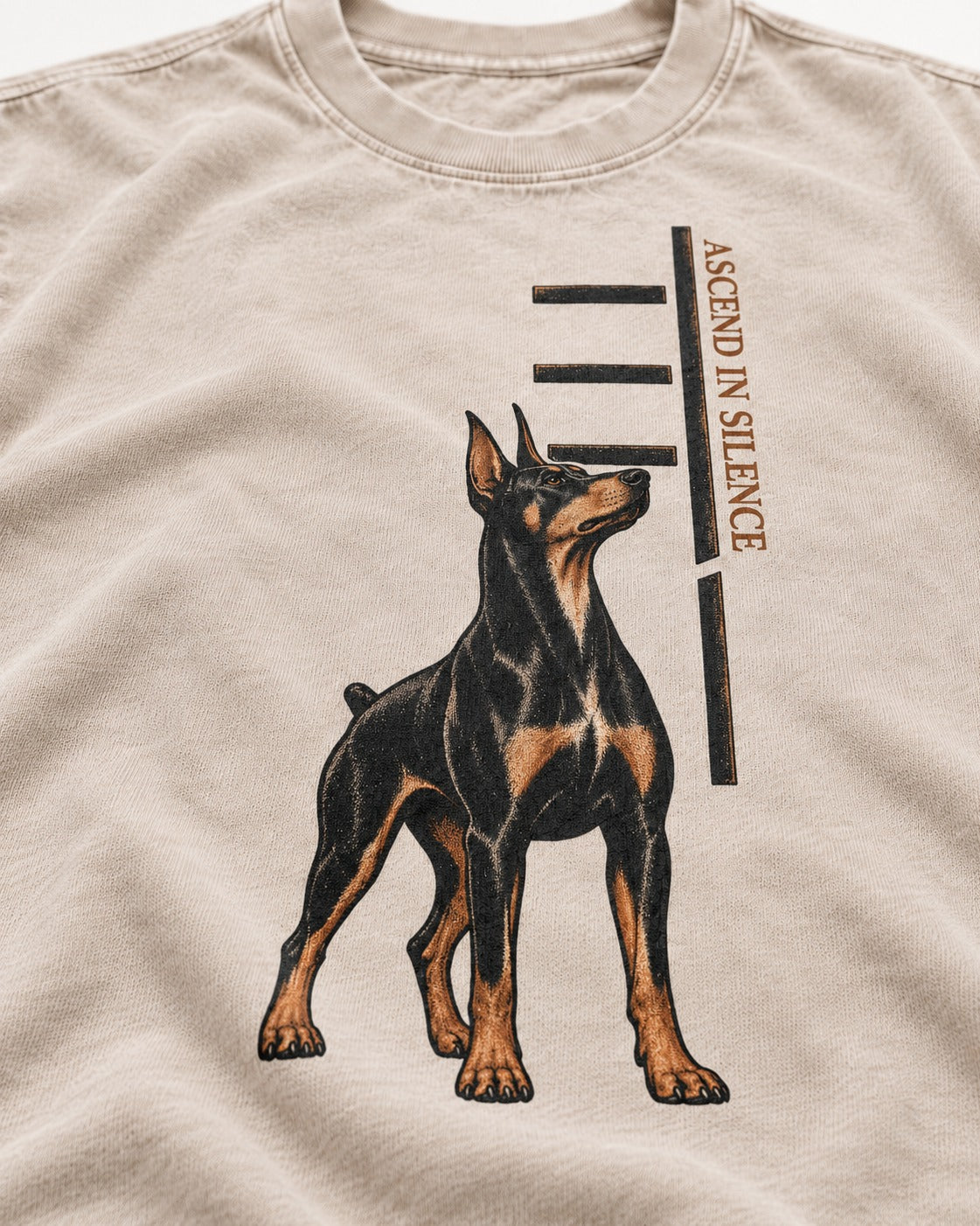 Doberman Ascend in Silence Washed Tee in Apricot, close-up of the graphic