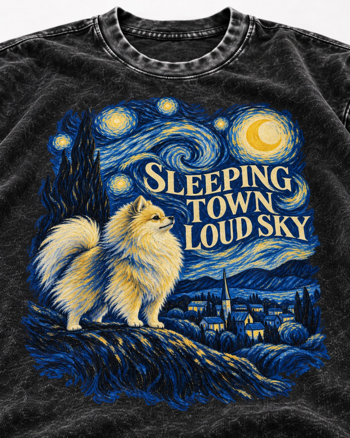 Pomeranian Sleeping Town Loud Sky Starry Night Graphic Washed Tee in Black, close-up of the graphic
