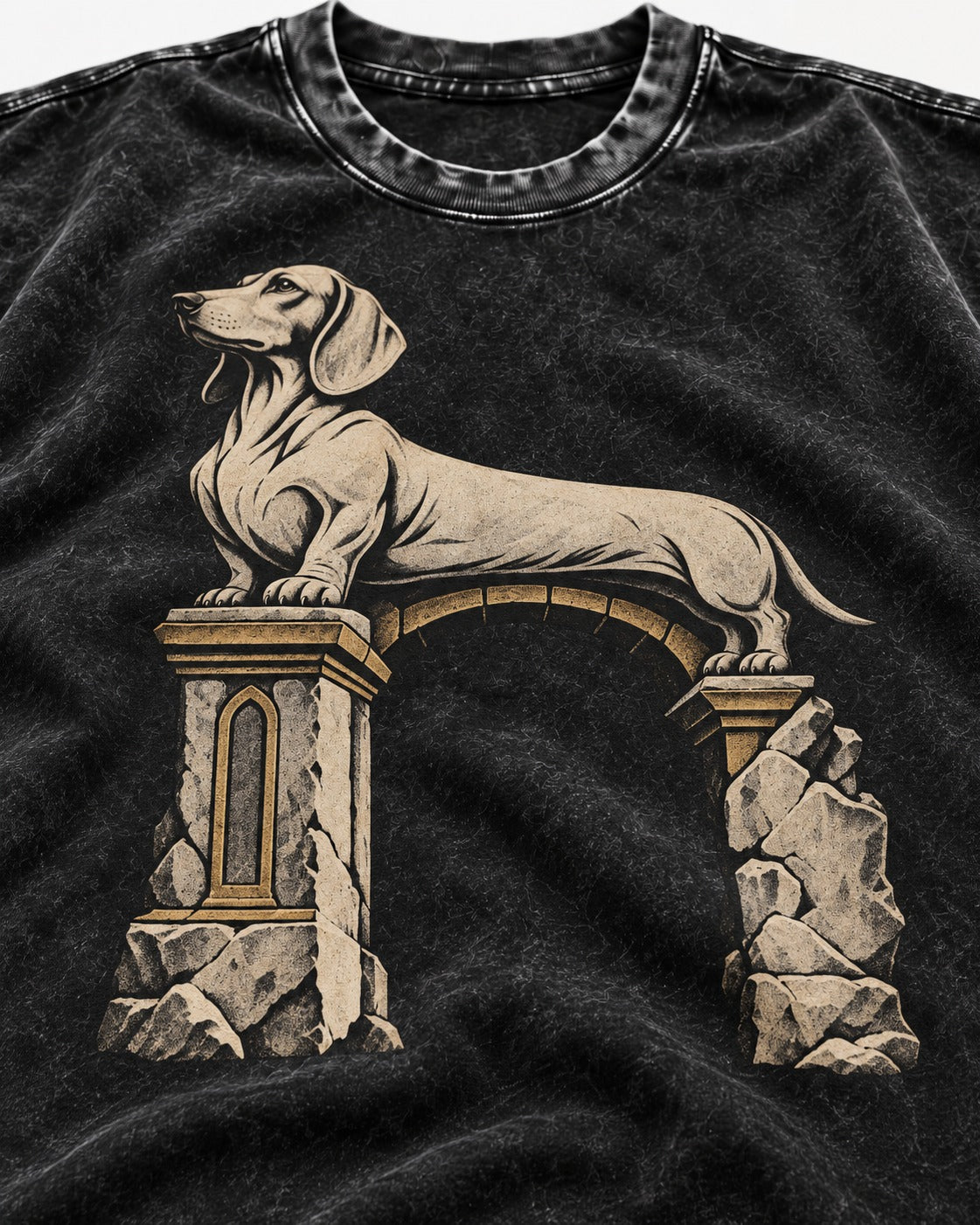 Dachshund Ruined Stone Arch Monument Graphic Washed Tee in Black, close-up of the graphic