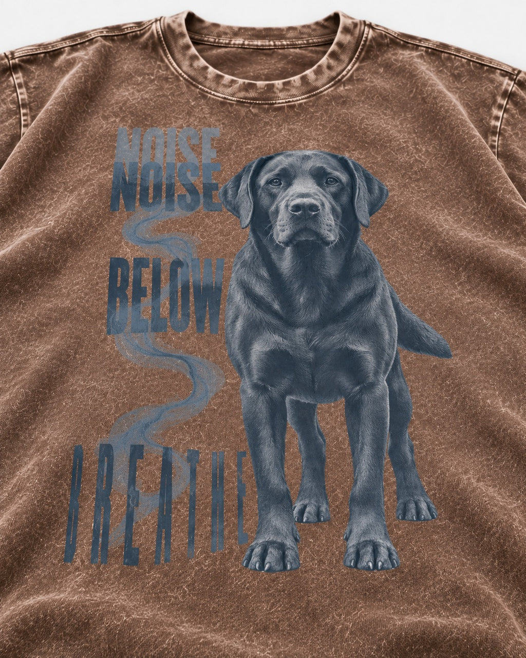 Labrador Retriever Breathe Below the Noise Washed Tee in Coffee, close-up of the graphic