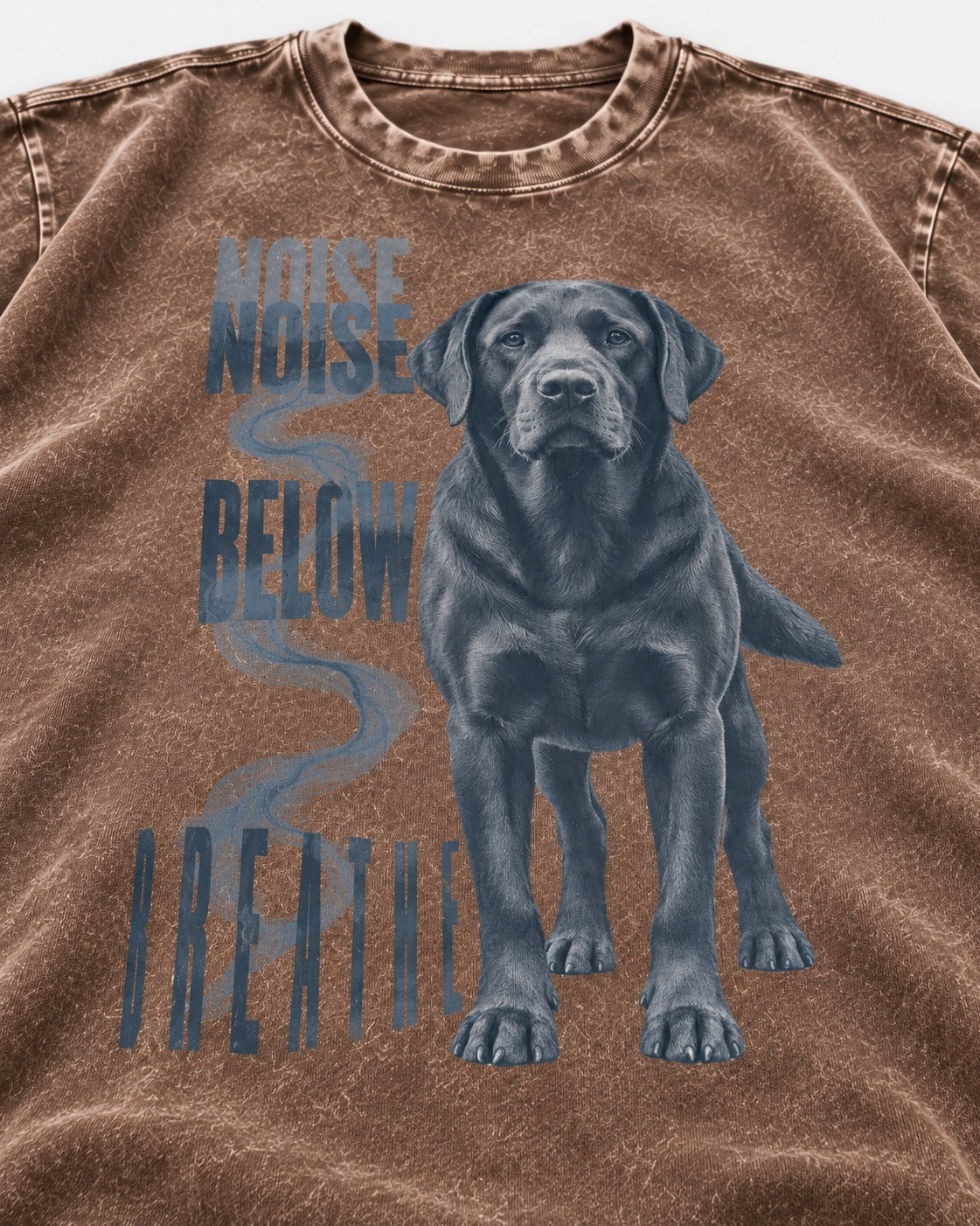 Labrador Retriever Breathe Below the Noise Washed Tee in Coffee, close-up of the graphic