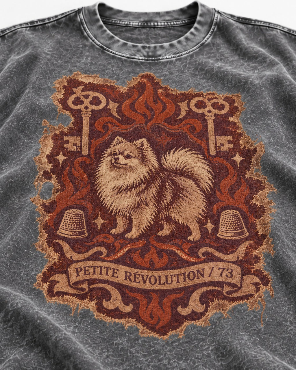 Pomeranian Petite Revolution Ornate Key Emblem Graphic Washed Tee in Gray, close-up of the graphic