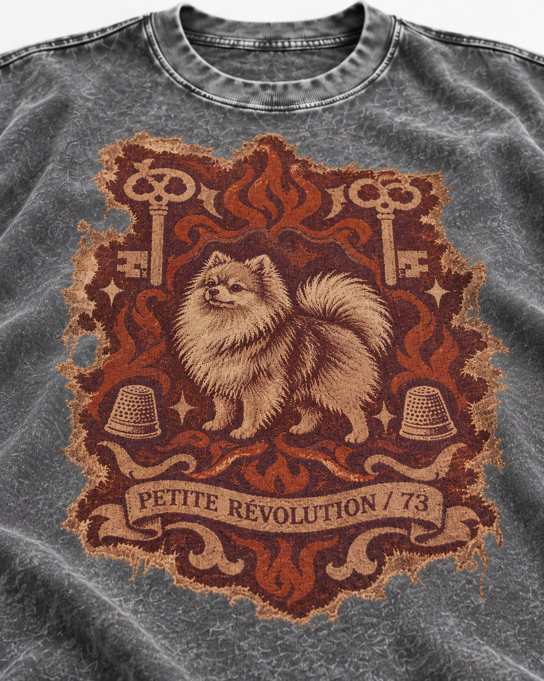 Pomeranian Petite Revolution Ornate Key Emblem Graphic Washed Tee in Gray, close-up of the graphic