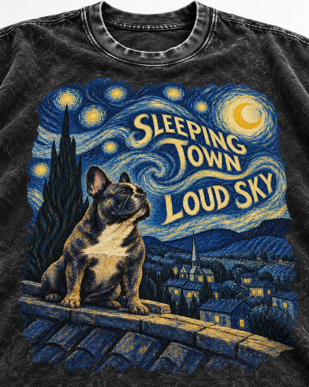 Frenchie Sleeping Town Loud Sky Rooftop Graphic Washed Tee in Black, close-up of the graphic