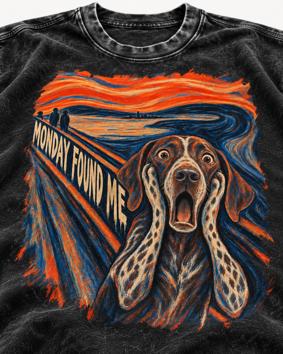 German Shorthaired Pointer Monday Found Me Scream Parody Graphic Washed Tee in Black, close-up of the graphic