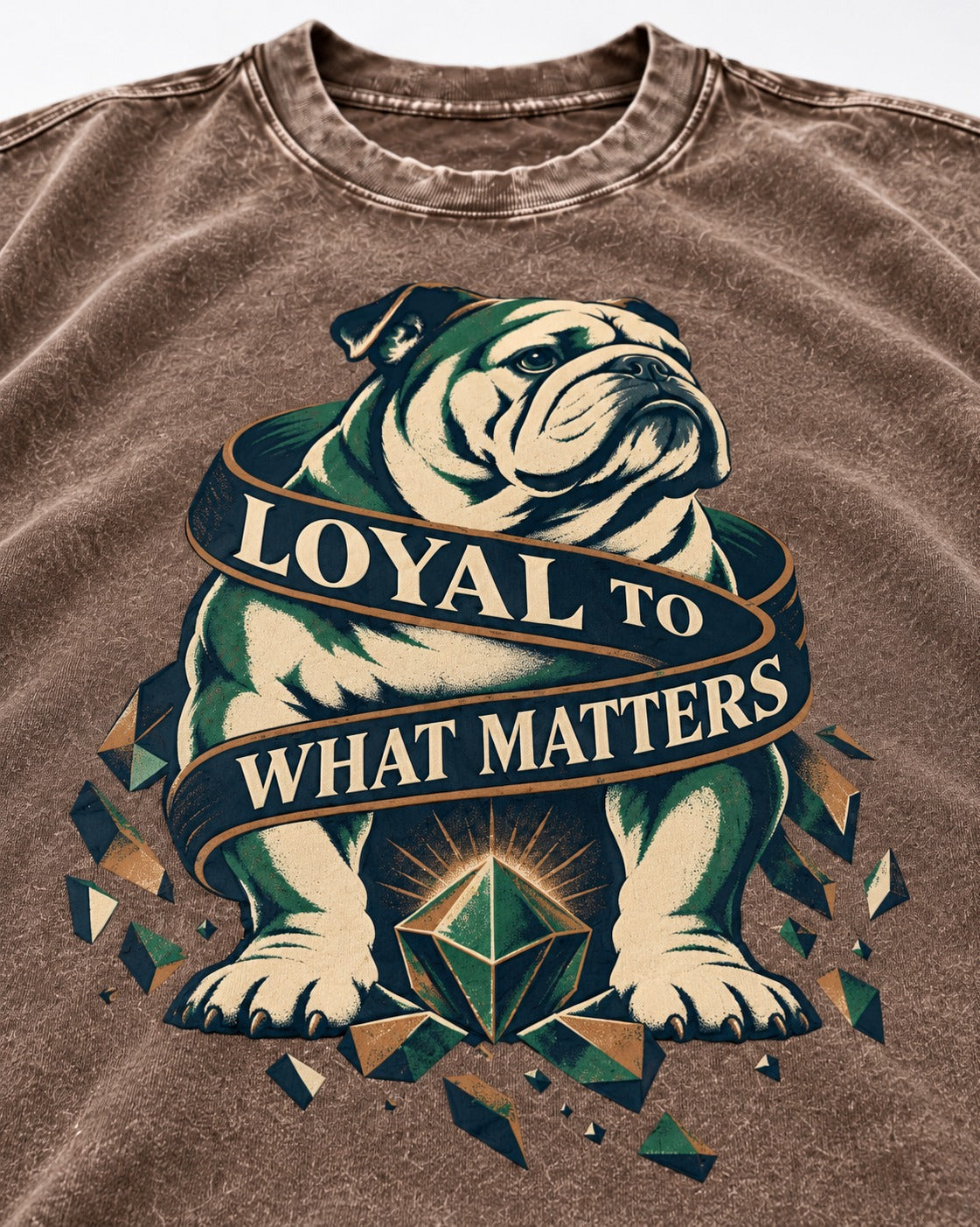 Loyal to What Matters English Bulldog Washed Tee in Coffee, close-up of the graphic