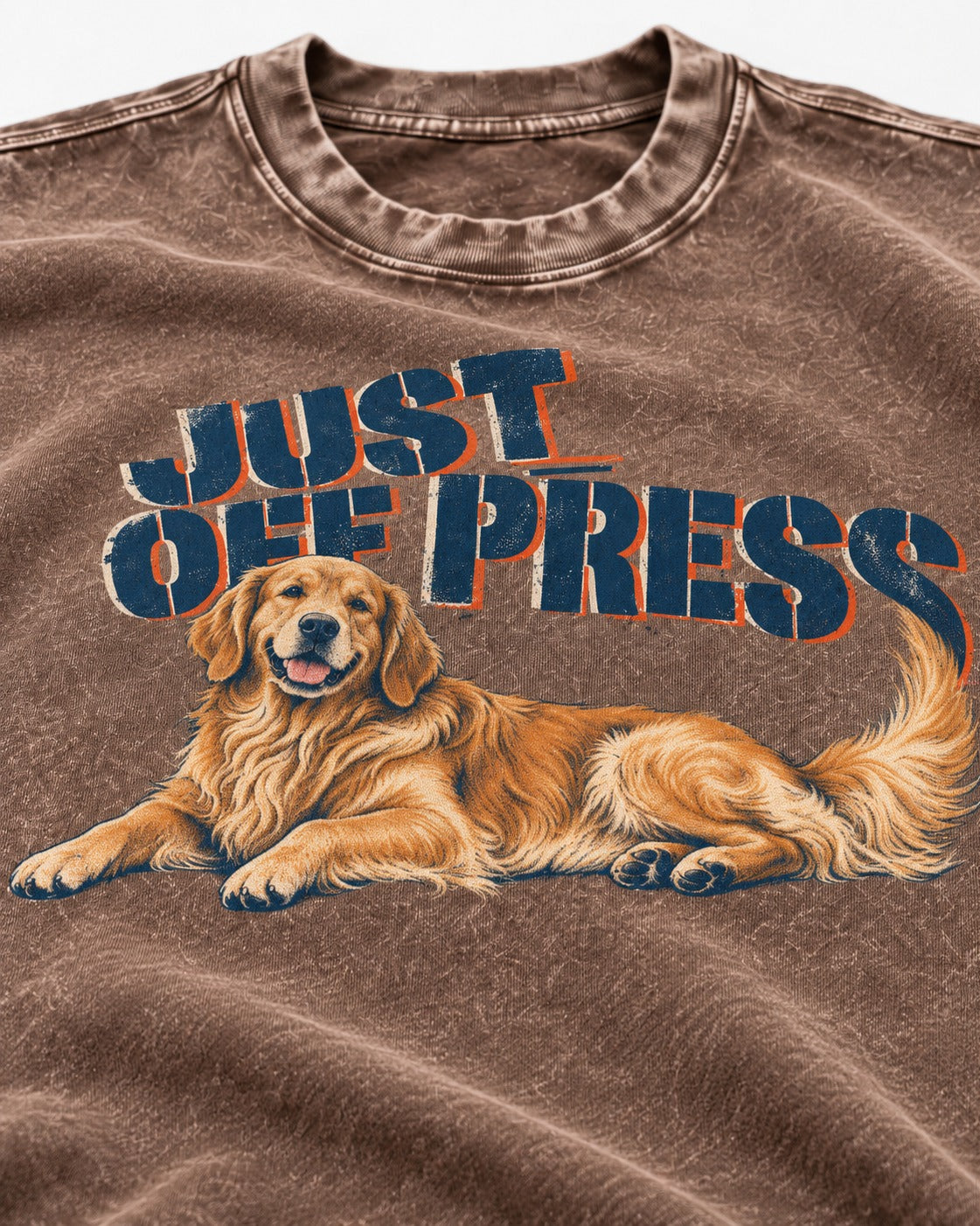 Golden Retriever Just Off Press Washed Tee in Coffee, close-up of the graphic