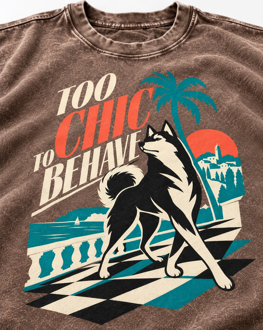 Husky Too Chic to Behave Riviera Graphic Washed Tee in Coffee, close-up of the graphic
