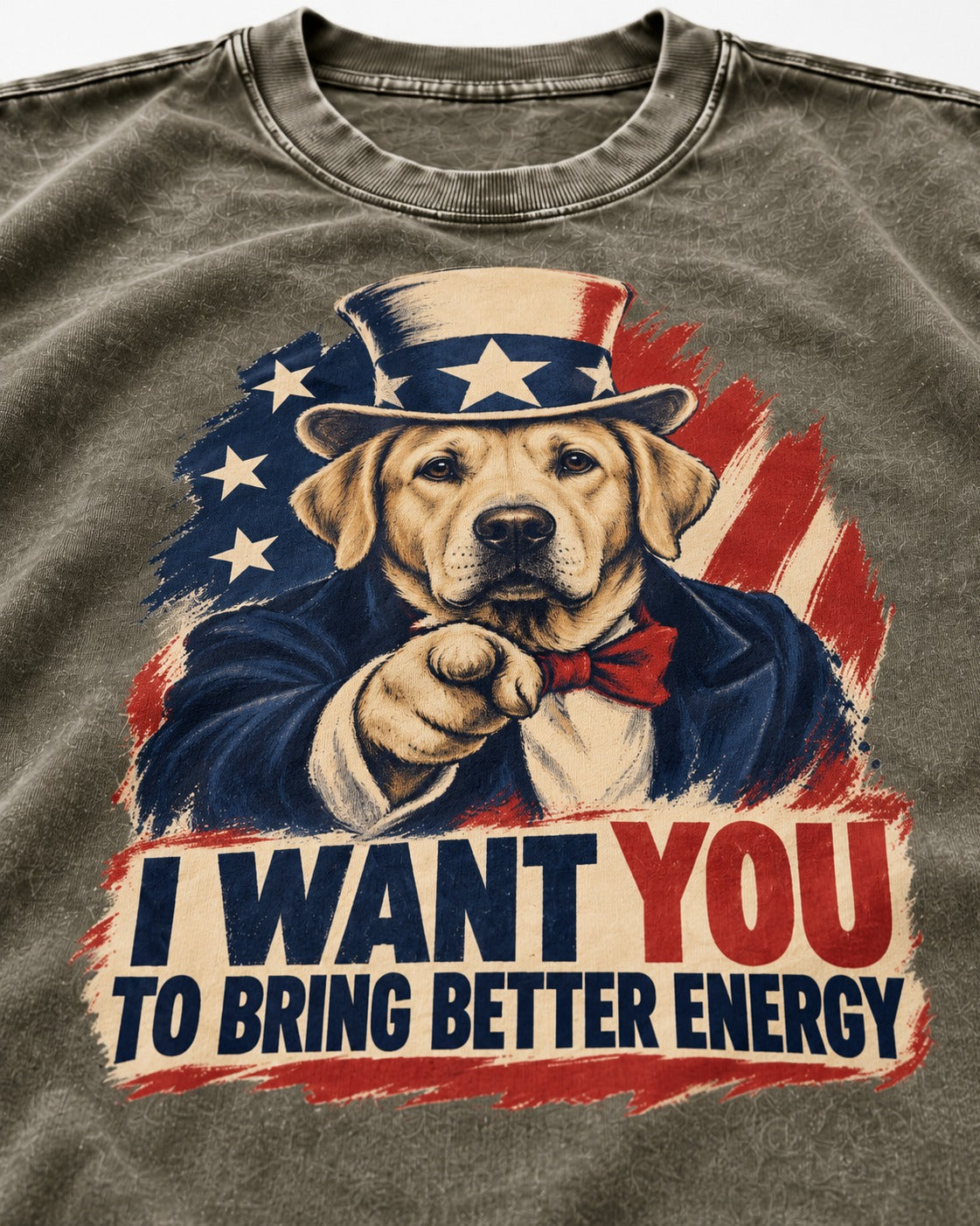 Labrador Retriever I Want You to Bring Better Energy Uncle Sam Graphic Washed Tee in Army Green, close-up of the graphic