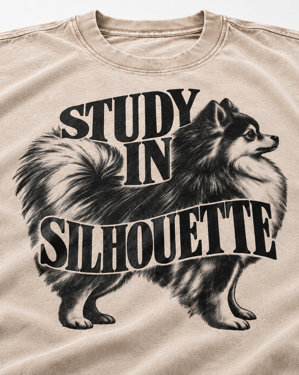 Pomeranian Study in Silhouette Washed Tee in Apricot, close-up of the graphic