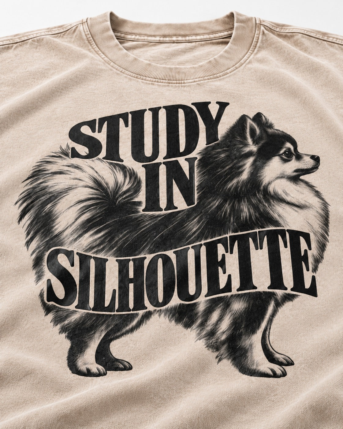 Pomeranian Study in Silhouette Washed Tee in Apricot, close-up of the graphic