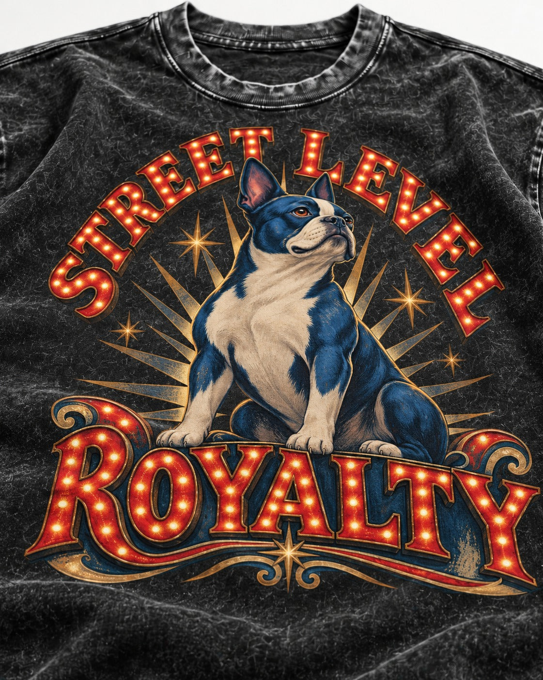 Street Level Royalty Boston Terrier Washed Tee in Black, close-up of the graphic