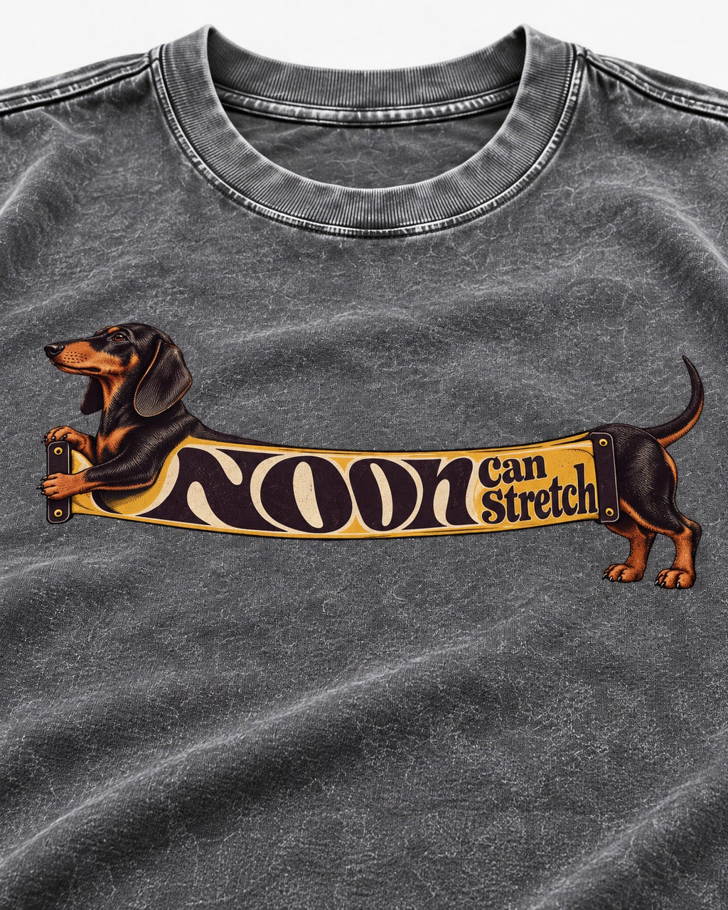 Dachshund Noon Can Stretch Sign Graphic Washed Tee in Gray, close-up of the graphic