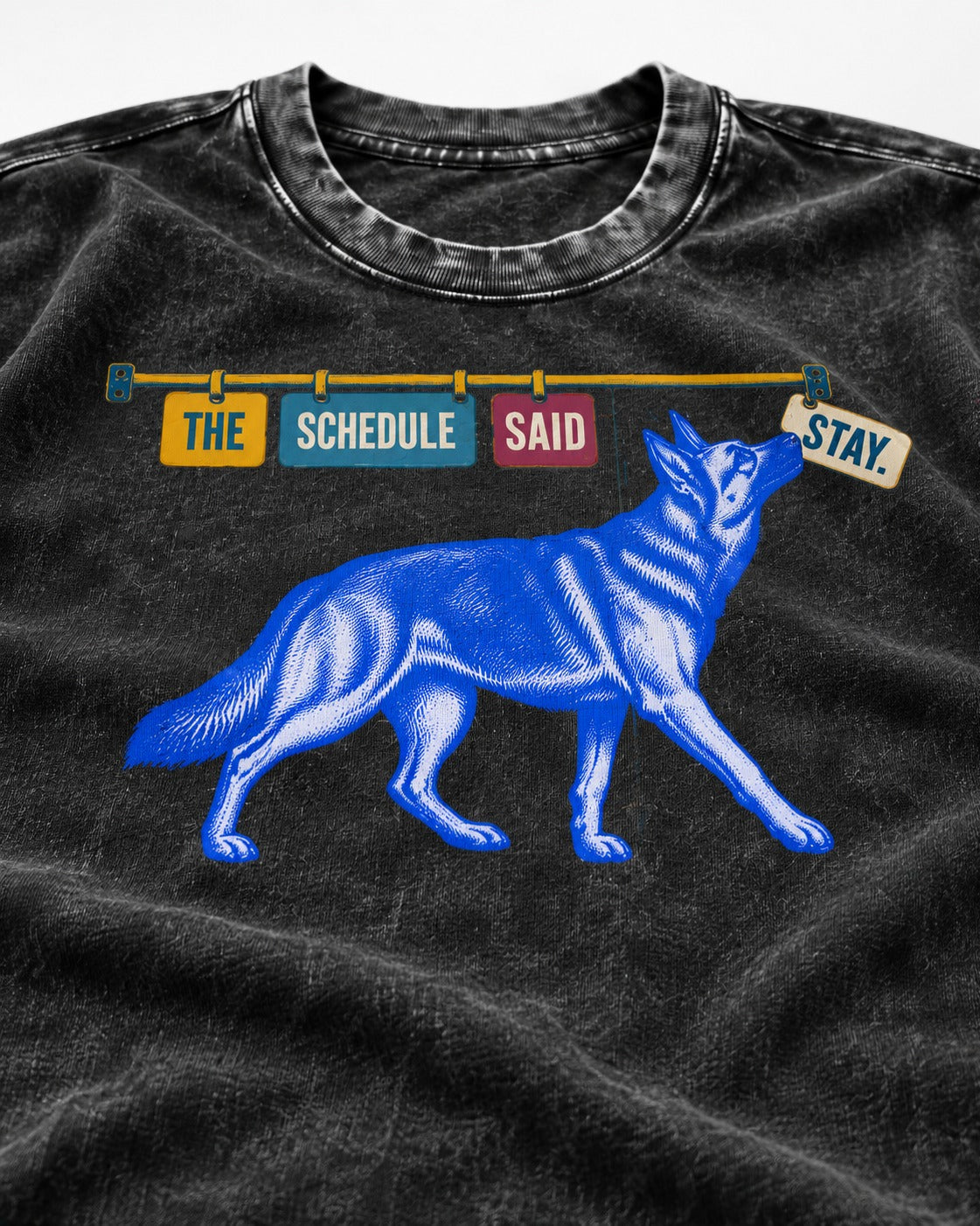 German Shepherd Dog The Schedule Said Stay Graphic Washed Tee in Black, close-up of the graphic