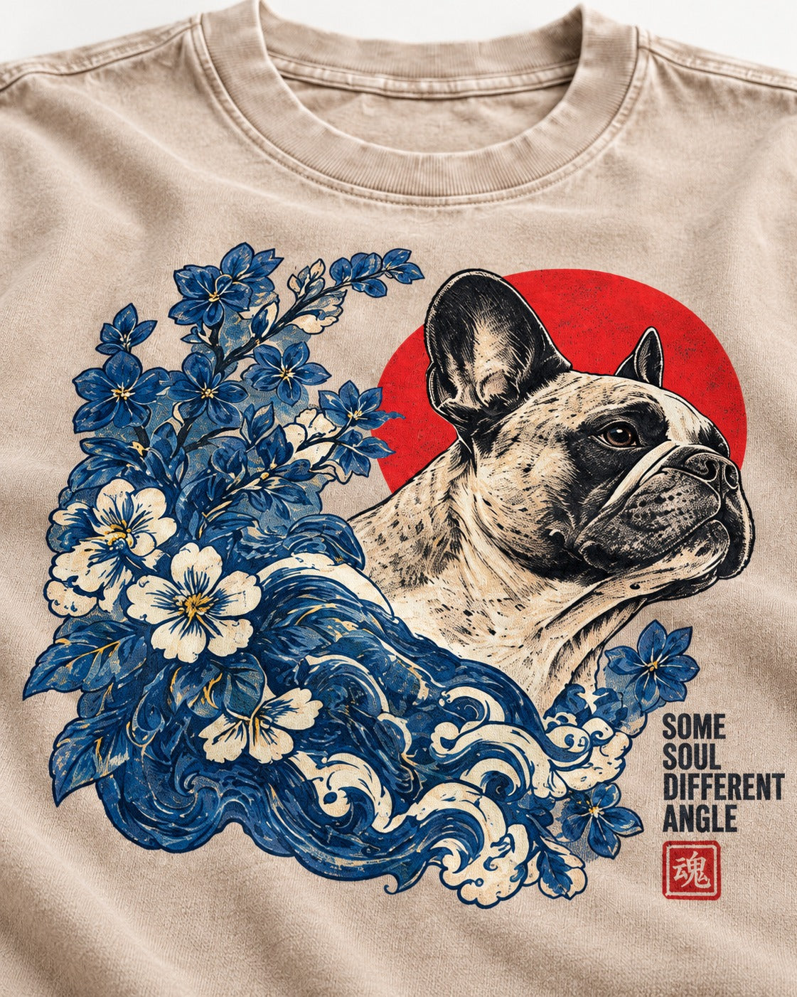 Some Soul Different Angle Frenchie Washed Tee in Apricot, close-up of the graphic