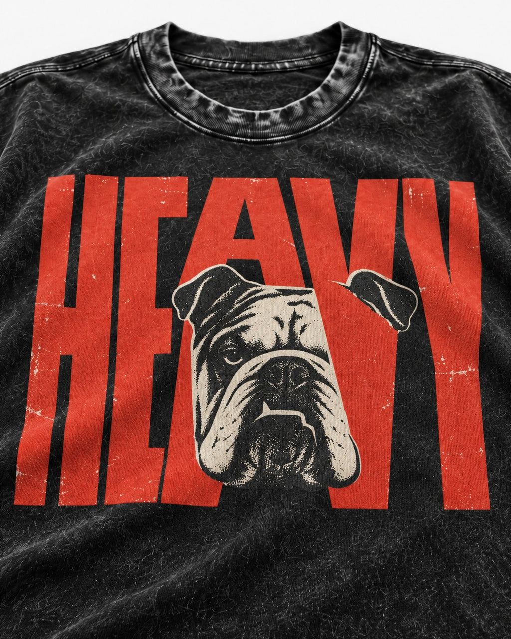 English Bulldog Heavy Stacked Portrait Graphic Washed Tee in Black, close-up of the graphic