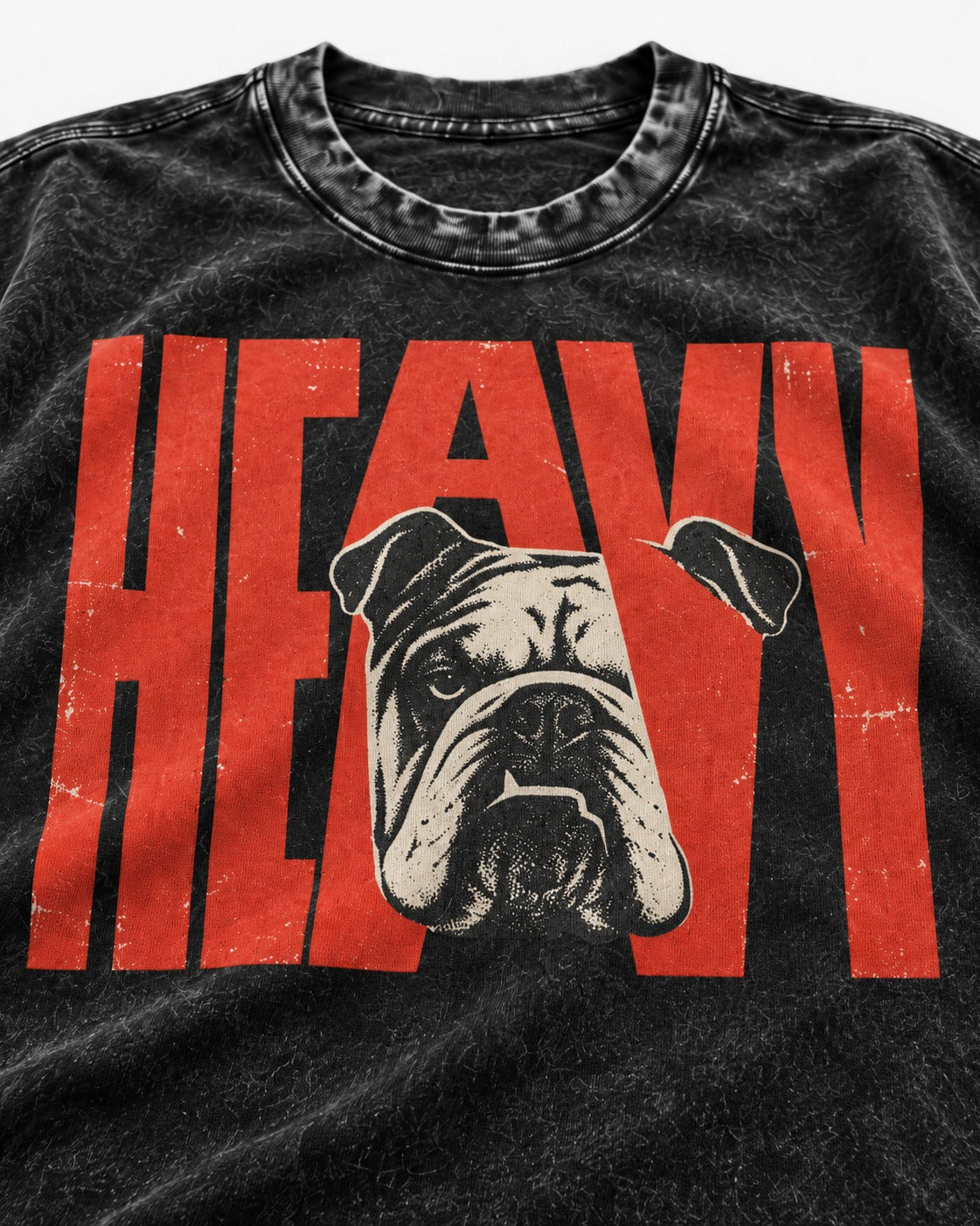 English Bulldog Heavy Stacked Portrait Graphic Washed Tee in Black, close-up of the graphic