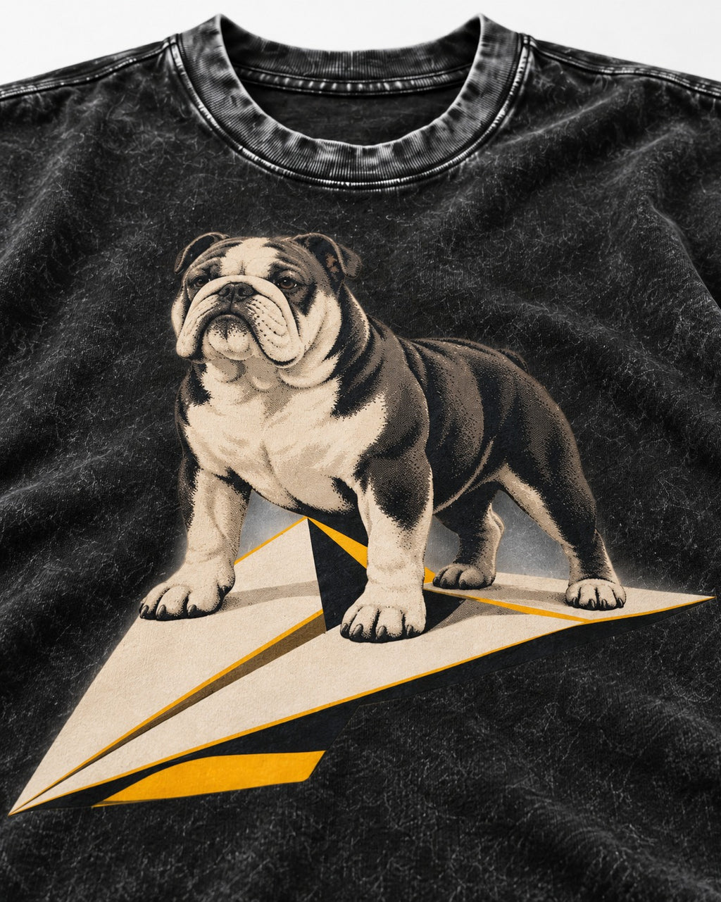 English Bulldog Paper Airplane Graphic Washed Tee in Black, close-up of the graphic