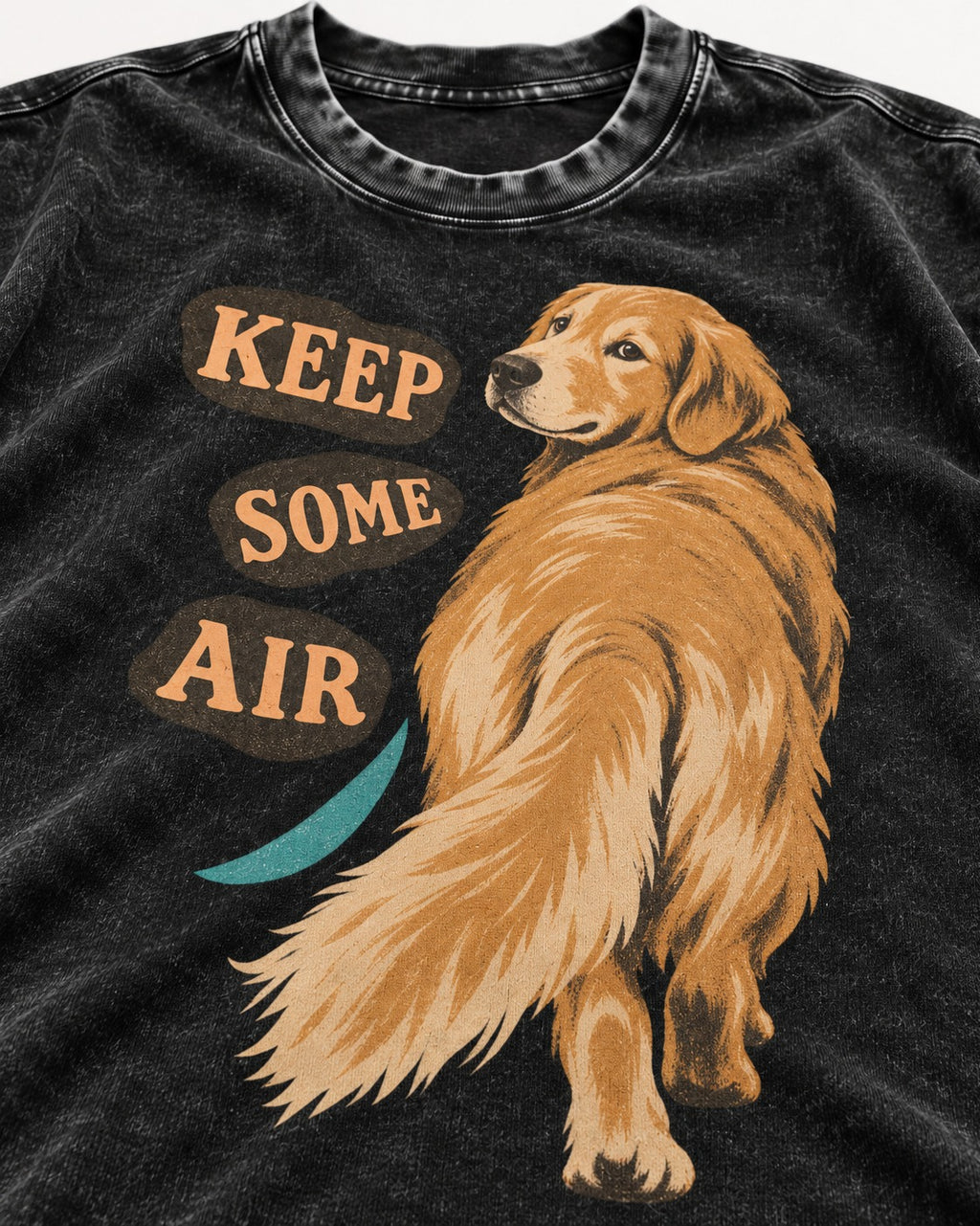 Golden Retriever Keep Some Air Looking Back Graphic Washed Tee in Black, close-up of the graphic