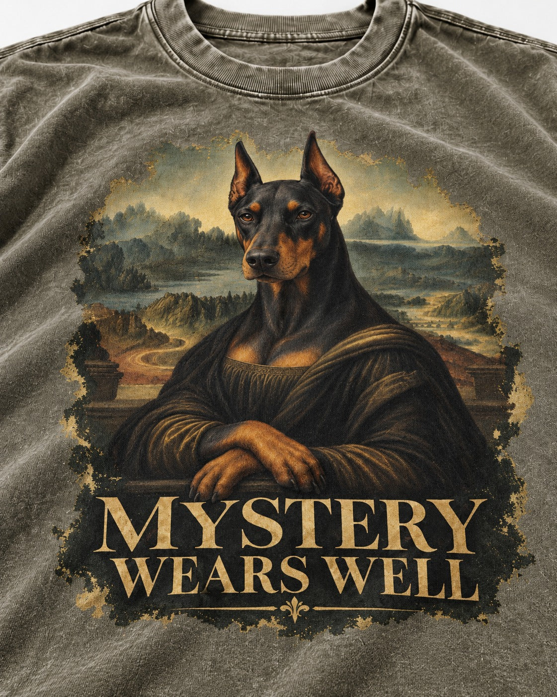 Doberman Mystery Wears Well Renaissance Portrait Graphic Washed Tee in Army Green, close-up of the graphic
