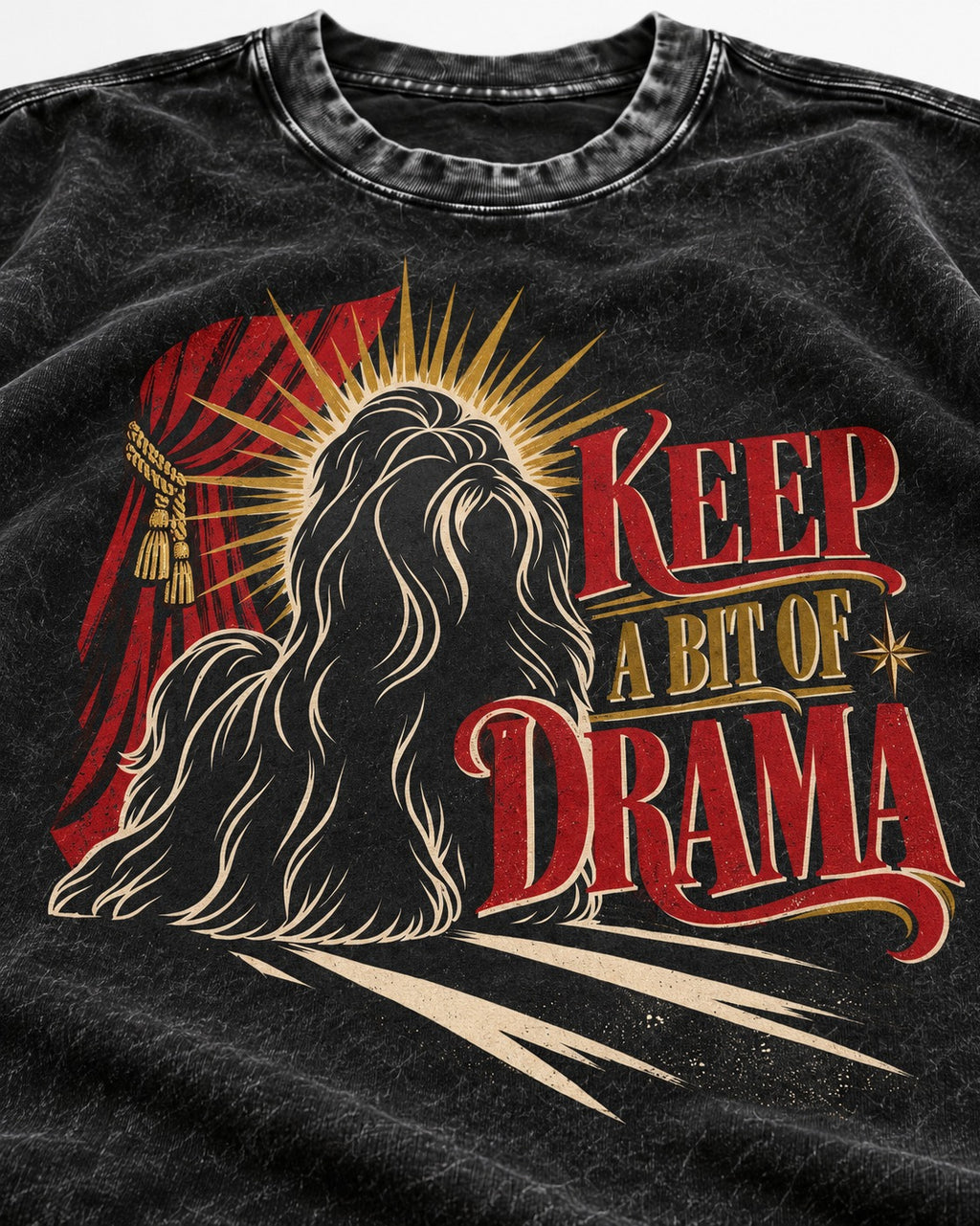 Shih Tzu Keep a Bit of Drama Theater Graphic Washed Tee in Black, close-up of the graphic