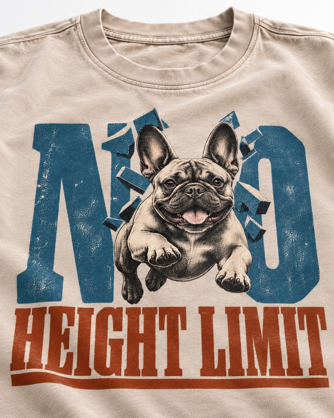 No Height Limit Frenchie Washed Tee in Apricot, close-up of the graphic