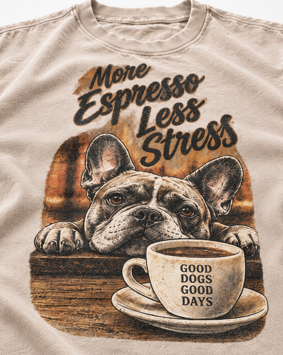 Frenchie More Espresso Less Stress Washed Tee in Apricot, close-up of the graphic