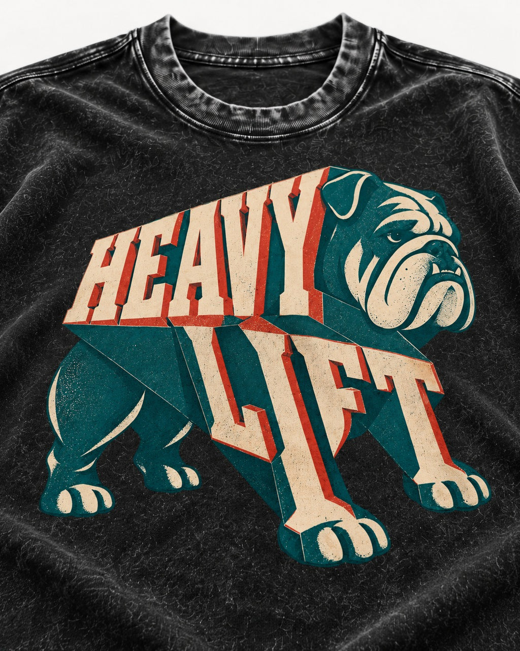 English Bulldog Heavy Lift Dimensional Type Washed Tee in Black, close-up of the graphic