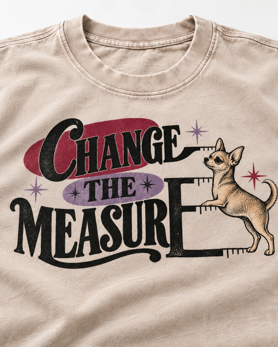 Change the Measure Chihuahua Washed Tee in Apricot, close-up of the graphic