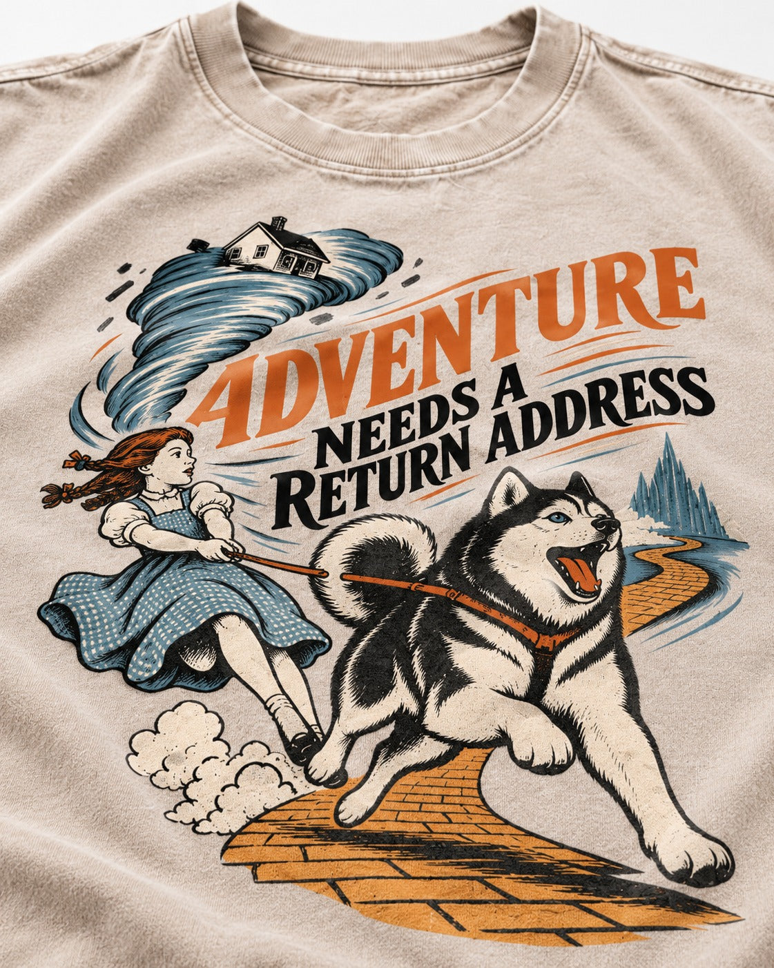 Husky Needs a Return Address Washed Tee in Apricot, close-up of the graphic
