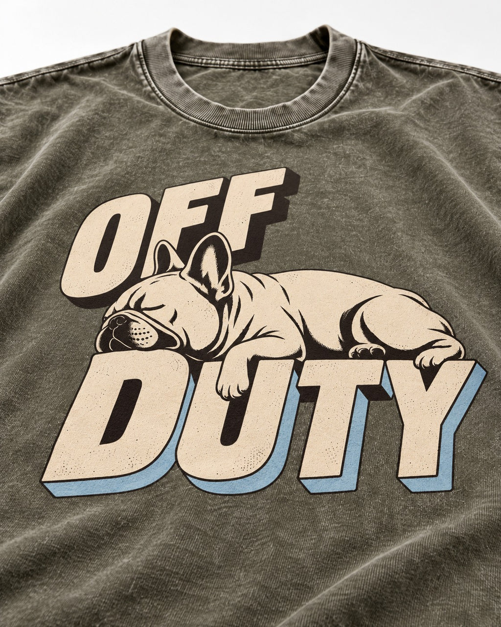 Frenchie Off Duty Sleeping Type Graphic Washed Tee in Army Green, close-up of the graphic