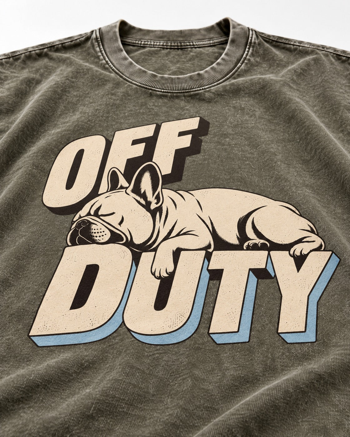 Frenchie Off Duty Sleeping Type Graphic Washed Tee in Army Green, close-up of the graphic