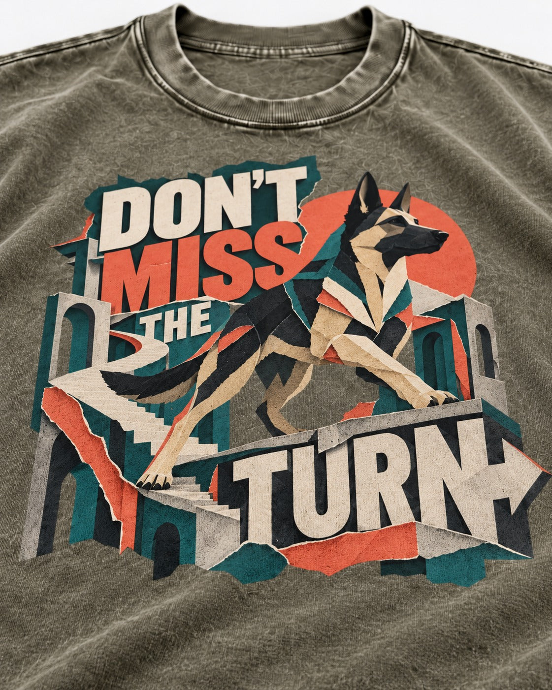 Dont Miss The Turn Escher Staircase German Shepherd Dog Graphic Washed Tee in Army Green, close-up of the graphic
