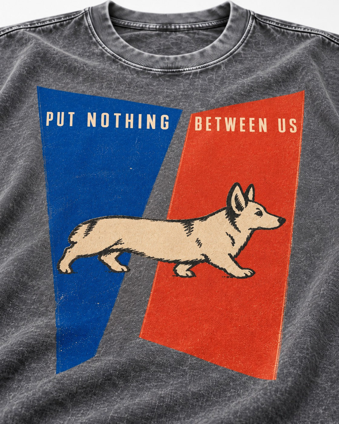 Corgi Put Nothing Between Us Split Panels Washed Tee in Gray, close-up of the graphic
