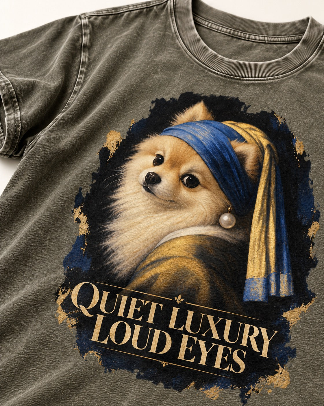 Pomeranian Quiet Luxury Loud Eyes Pearl Portrait Graphic Washed Tee in Army Green, close-up of the graphic