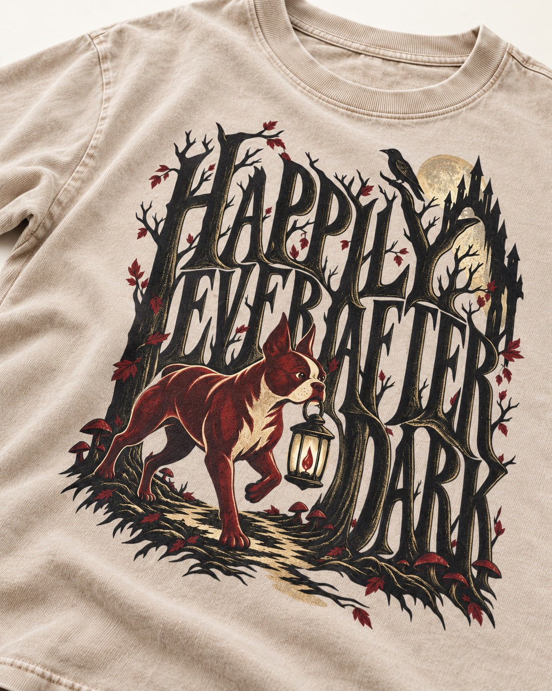 Happily Ever After Dark Boston Terrier Washed Tee in Apricot, close-up of the graphic