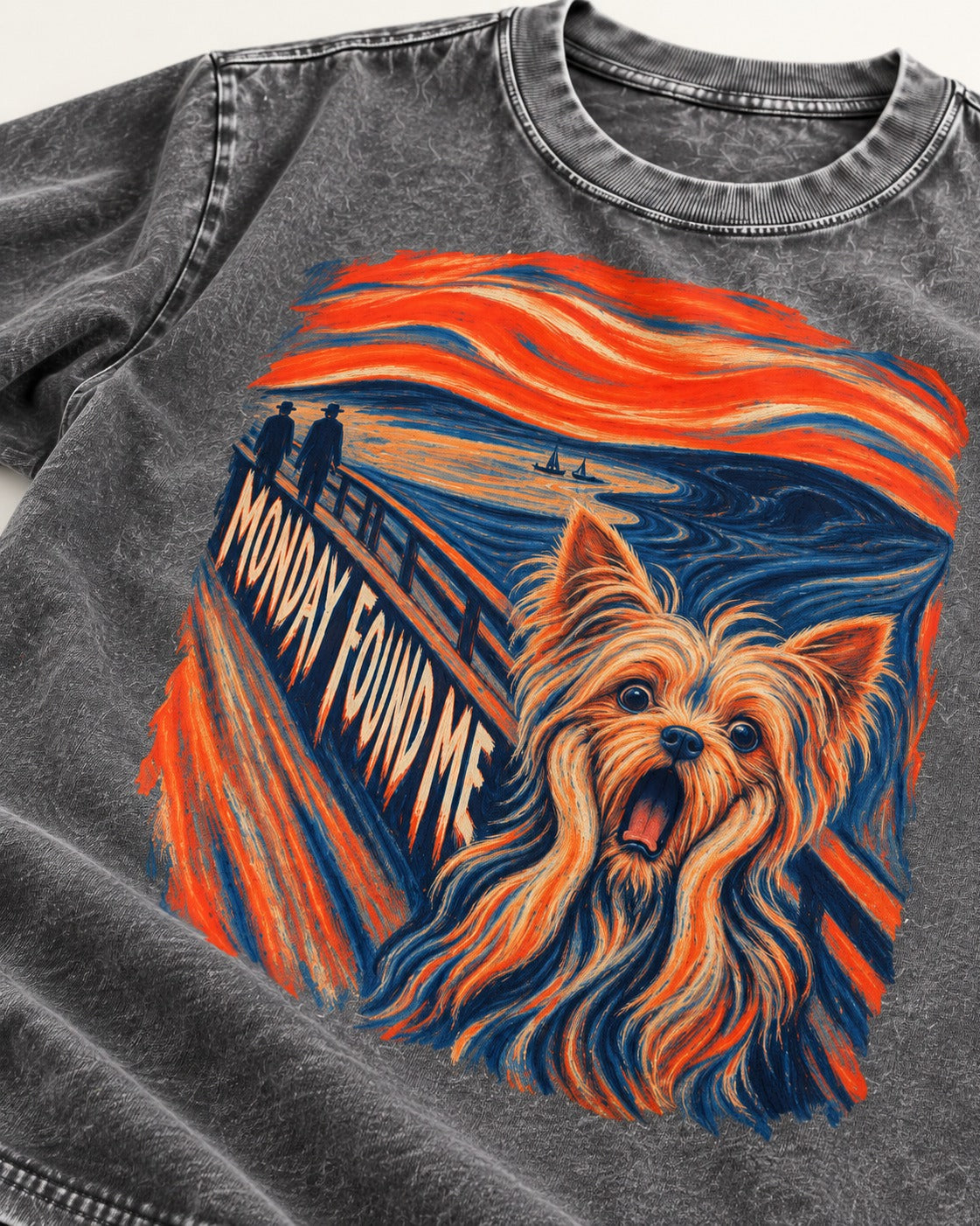 Yorkshire Terrier Monday Found Me Scream Parody Graphic Washed Tee in Gray, close-up of the graphic