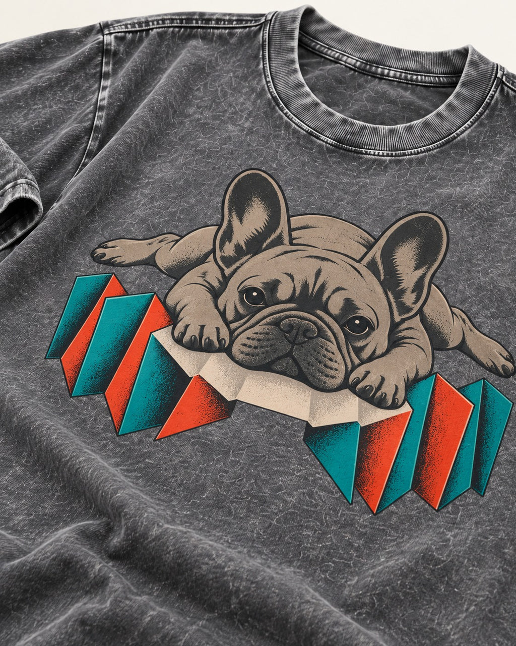 Frenchie Sploot Press Graphic Washed Tee in Gray, close-up of the graphic