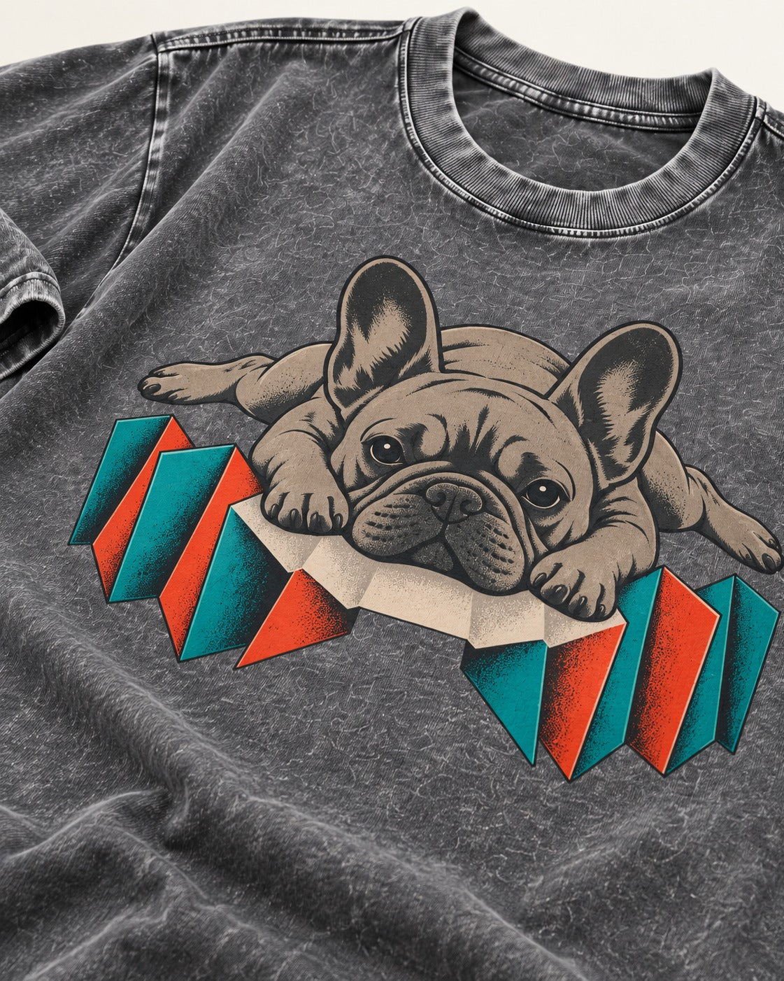Frenchie Sploot Press Graphic Washed Tee in Gray, close-up of the graphic
