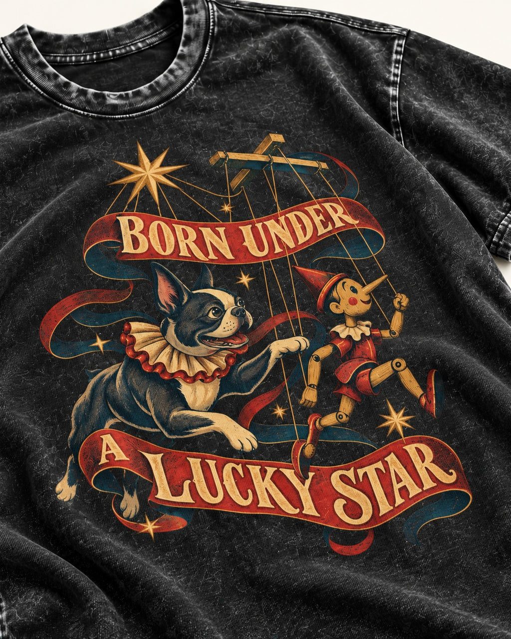 Born Under a Lucky Star Boston Terrier Washed Tee in Black, close-up of the graphic